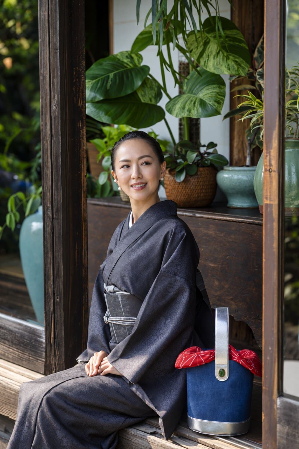 Woman in kimono seated beside Geisha